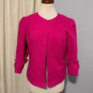 Musette Hot Pink Scroll Jacquard Cropped Open Front Jacket 12P Ruched 3/4 Sleeve
